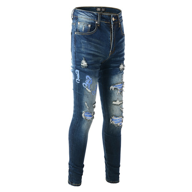 Fashion dark blue hole patch amiryes letter embroidery zipper fly slim jean men
