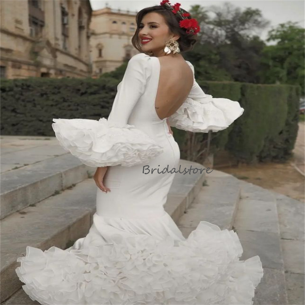 Luxury Flamenco Wedding Dress 2023 Flare Ruffles Mermaid Long Sleeve Boho Wedding Dresses V Neck Backless Formal Bridal Spanish Vintage Vestido De Nov