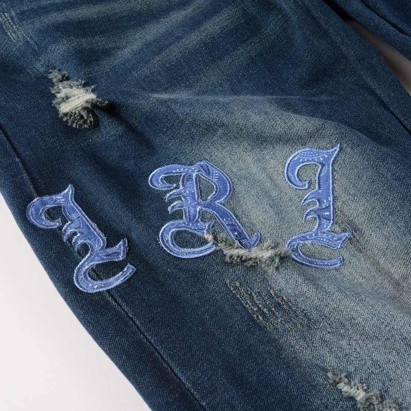 Fashion dark blue hole patch amiryes letter embroidery zipper fly slim jean men