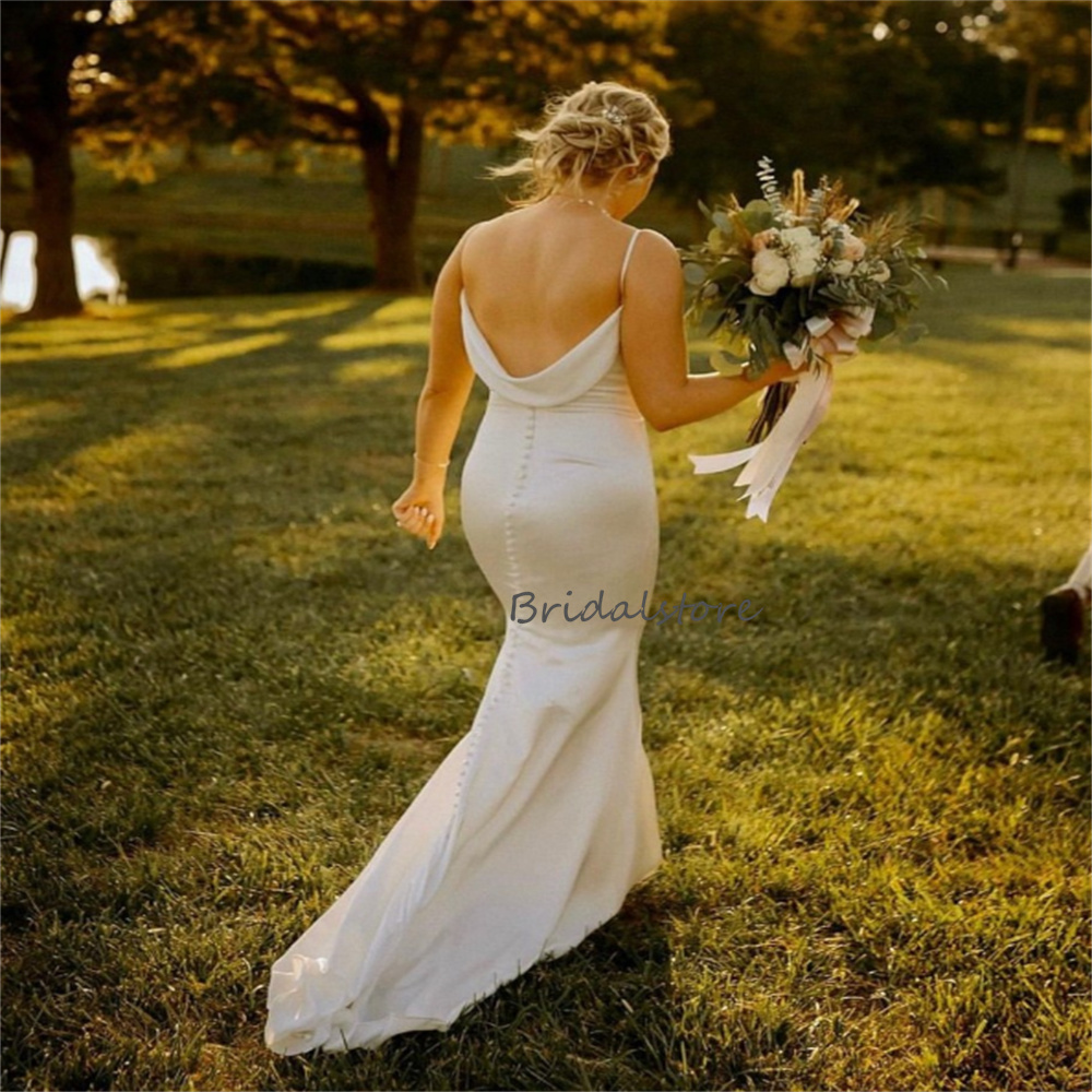 Silk Satin Boho Memaid Wedding Dress 2023 Sexy Backless Bohemain Country Bride Dresses Spaghetti Strap Summer Civil Women Bridal Party Skirt robe de m