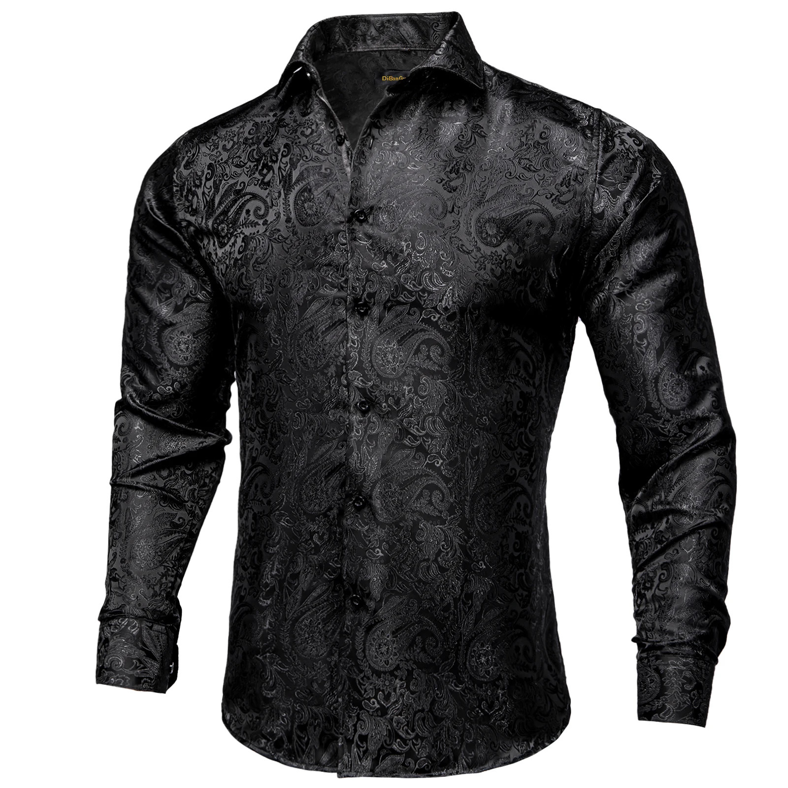 Men's Casual Shirts Men's Long Sleeve Black Paisley Silk Dress Shirts Casual Tuxedo Social Shirt Men Clothing 231128