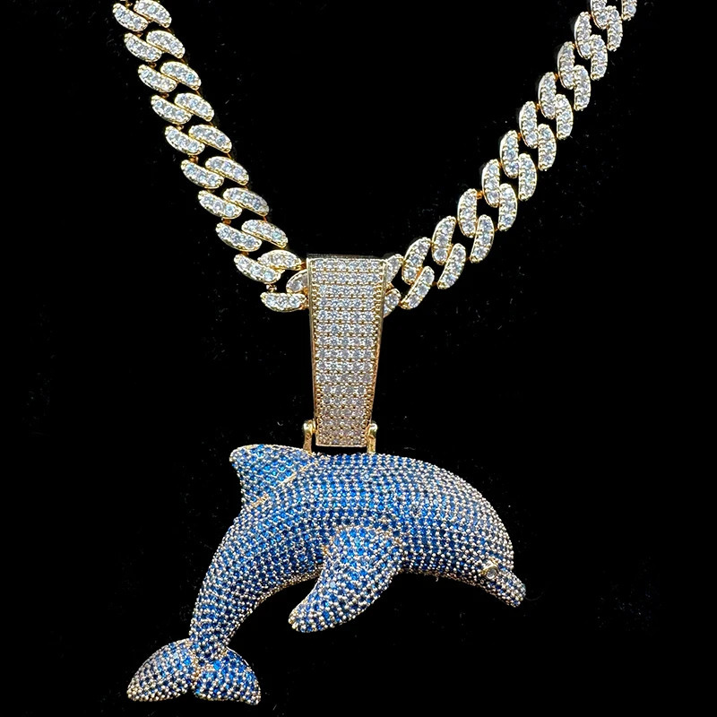 Pendant Necklaces Aokaishen Iced Out Blue Dolphin Necklace Real Gold Plated Hip Hop Jewelry Unique Charms Trend 231129