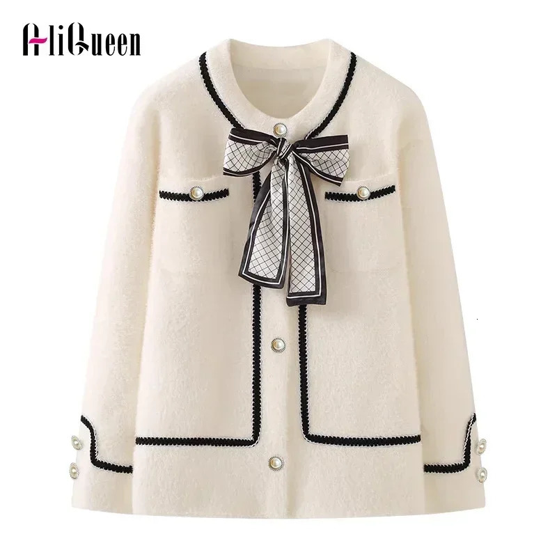 Womens Jackets Solf Mink Plush Sweater Cardigan Korean Elegant Bow Pockets Black Knitted Mujer Fall Winter Clothes Streetwear 231129