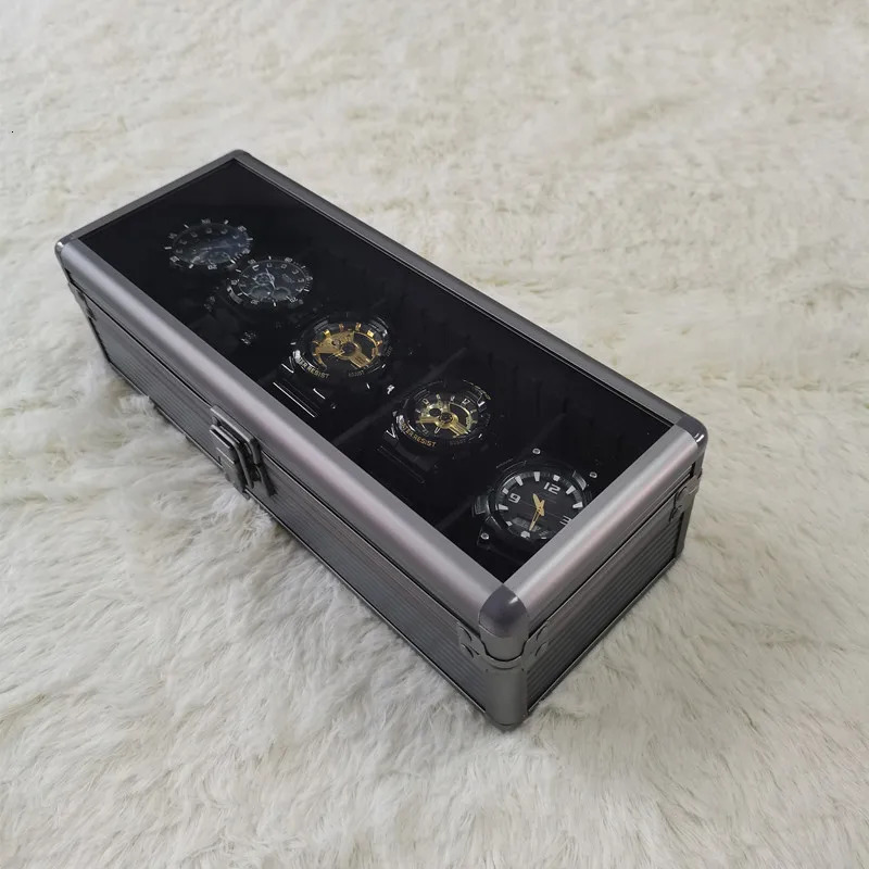 Watch Boxes Cases Safe Box Watch Box Organizer Black Transparent Aluminum Alloy Case Metal Storage Watch Boxes With Pillow Display Fall Prevention 231