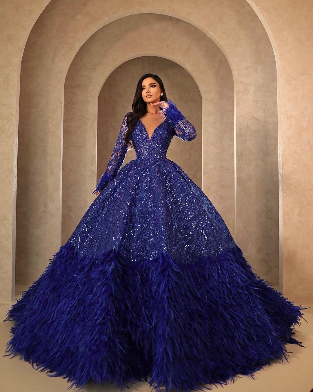 Shiny Feather Luxury Prom Dresses Long Sleeves Sequined Lace Party Dresses V Neck Custom Made Evening Dress