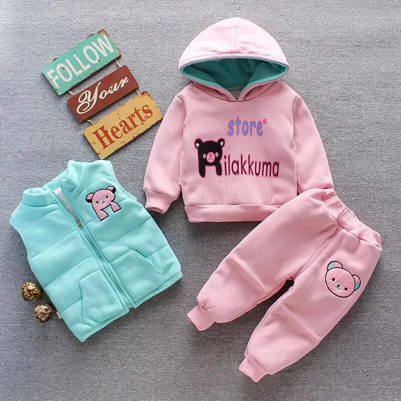 Clothing Sets Autumn Winter Baby Boys Clothes Thick Fleece Cartoon Bear Jacket Vest Pants 3Pcs Cotton Sport Suit For Girls Warm Outfits 231128