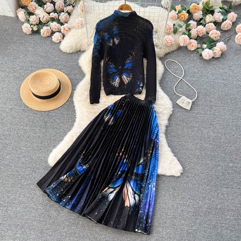 Two Piece Dress Autumn Butterfly Print Stretch Two Pieces Set Women Turtleneck Long Sleeve Pullover Top + Elastic Waist Pleated Midi Skirt Suit 2024