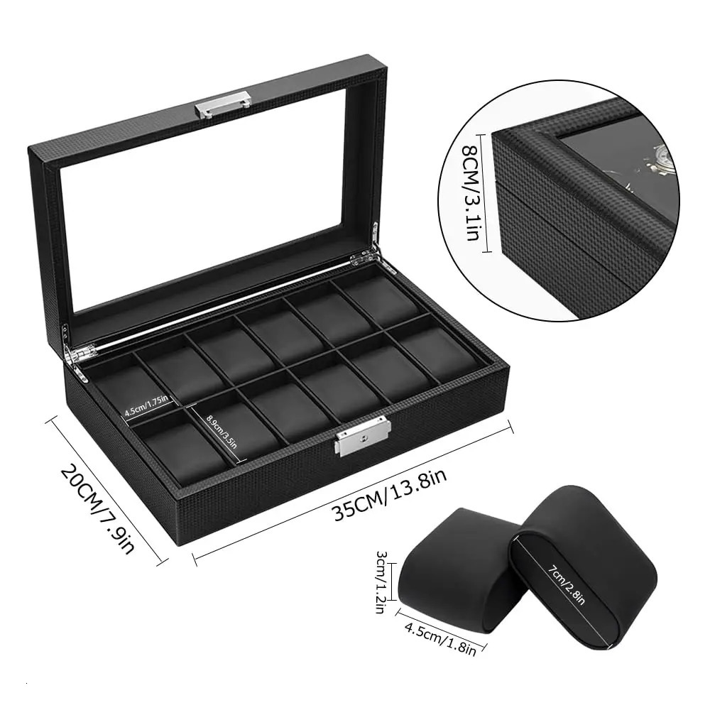 Watch Boxes Cases Watch Box 12/10/6 Slot Watch Box Organizer for Men Watch Display Case with Glass Topped for Gift Business Carbon Fiber Leather 23112