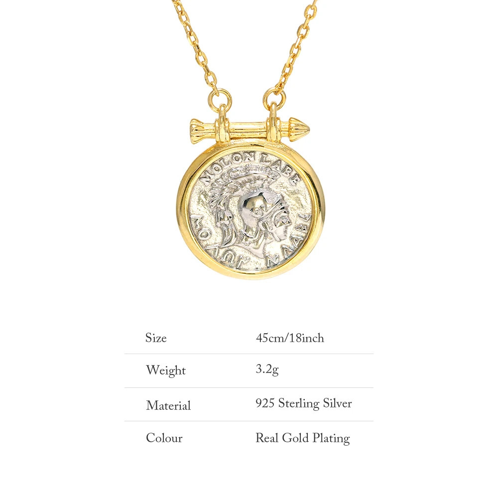 Chokers 925 Sterling Silver Antique Round Coin Necklace 18K Gold Plated Chain Roman Empire Knight Pendant Vintage Fine Jewelry For Women 231129