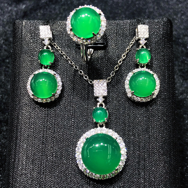 Handmade Jade Diamond Jewelry set 925 Sterling Silver Engagement Wedding Rings Earrings Necklace For Women Bridal Party Jewelry
