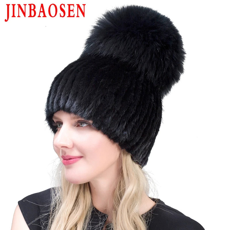 Beanie/Skull Caps JINBAOSEN Real Mink Fur Hat for Winter Women Imported Knitted Mink Cap with Fox Fur High Quality Women Beanies 231128