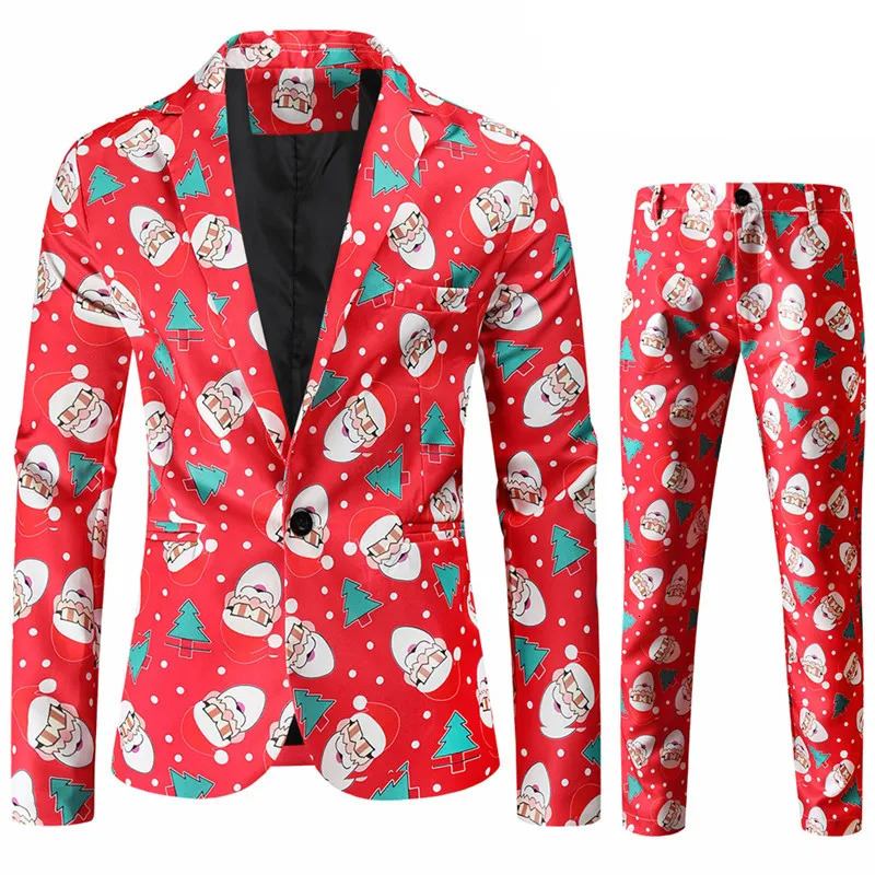 Men's Suits Blazers Red Printed Twopiece Christmas Suit Jacket Pants Stylish Male Blazer Coat with Trousers Black Green Blue S4XL 231128