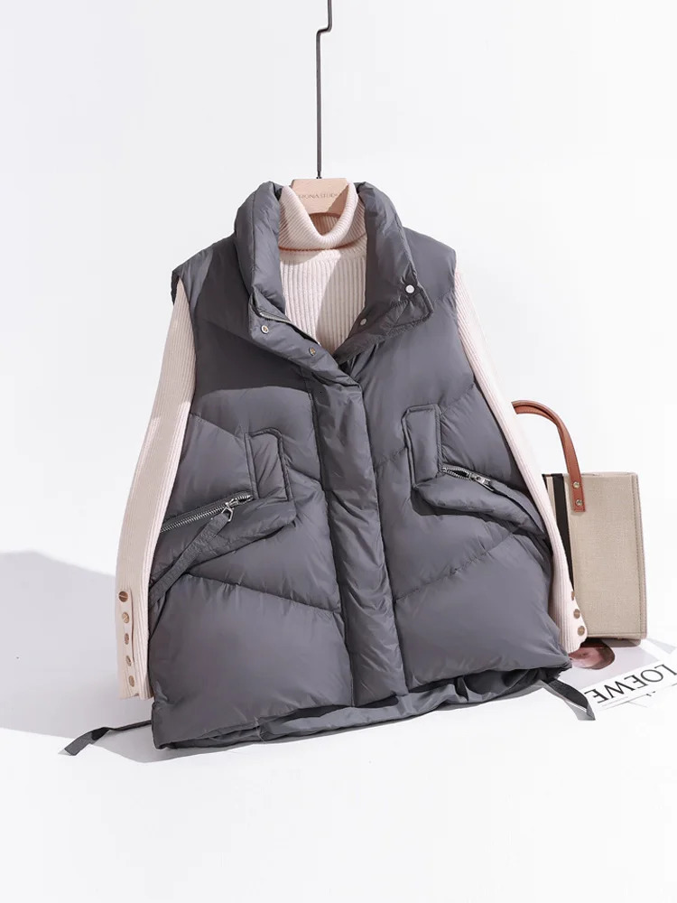 Womens Vests Janveny Womens Puffer Down Vest Loose Feather Waistcoat 90% Duck Down Thick Gilet Female Zipper Sleeveless Korean Style 231129