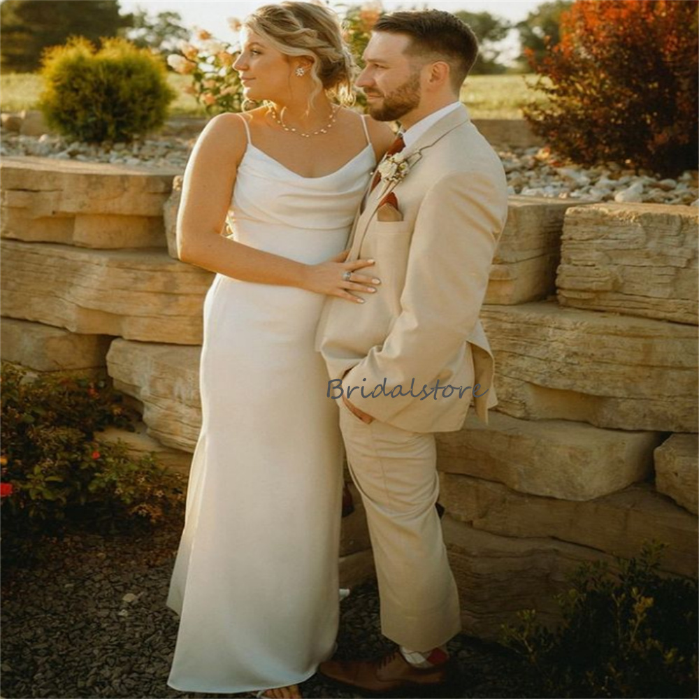 Silk Satin Boho Memaid Wedding Dress 2023 Sexy Backless Bohemain Country Bride Dresses Spaghetti Strap Summer Civil Women Bridal Party Skirt robe de m