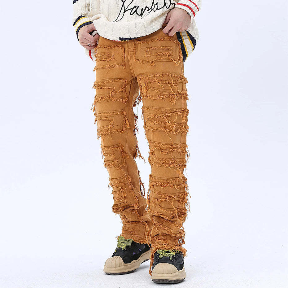 Men's Distressed Straight Denim Jeans Ripped, Loose Fit, Casual Hip Hop Style - Trend B1