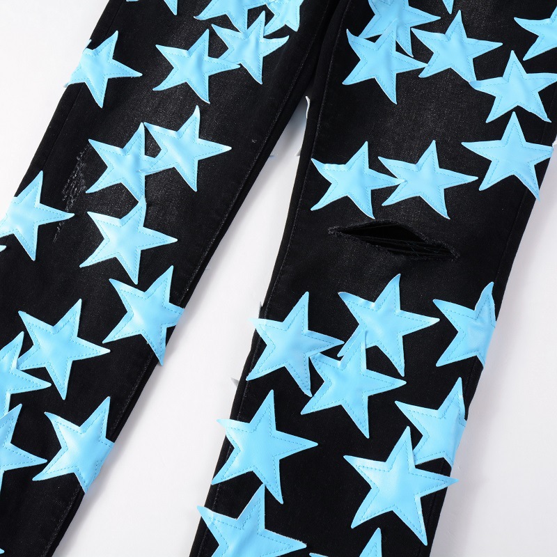 Men high street skin star embroidery washed cotton amiryes black hole jean