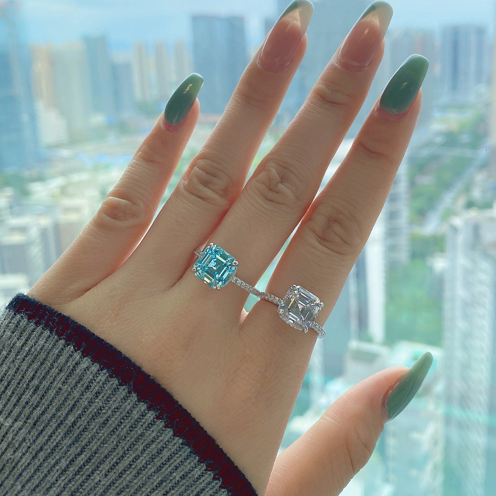Solitaire Ring Retro 100% 925 Solid Silver 9*9MM Asscher Cut Aquamarine High Carbon Diamond Rings for Women Gemstone Party Fine Jewelry Gifts 230428