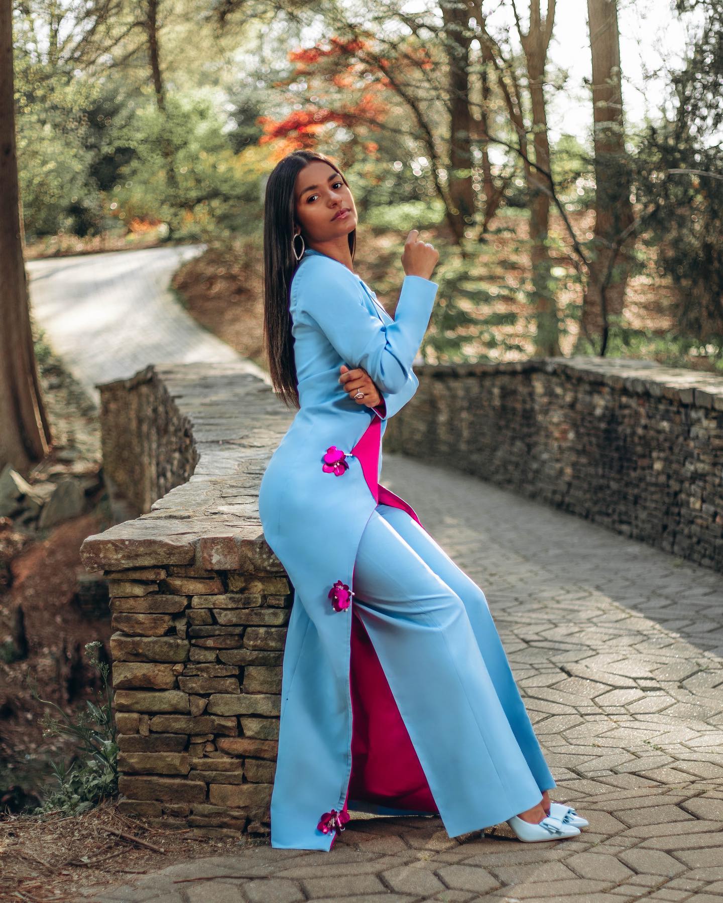 Sky Blue Women Pants Suits Slim Fit 3D Flowers Office Female Streetwear Sportswear Two Pieces Long Jacket Sets