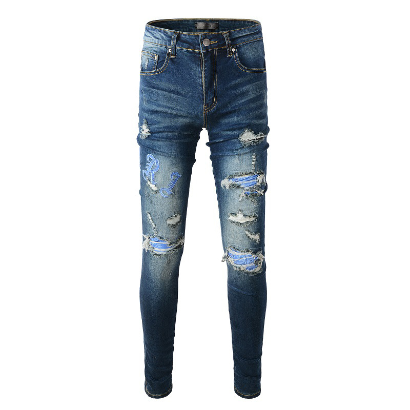 Fashion dark blue hole patch amiryes letter embroidery zipper fly slim jean men