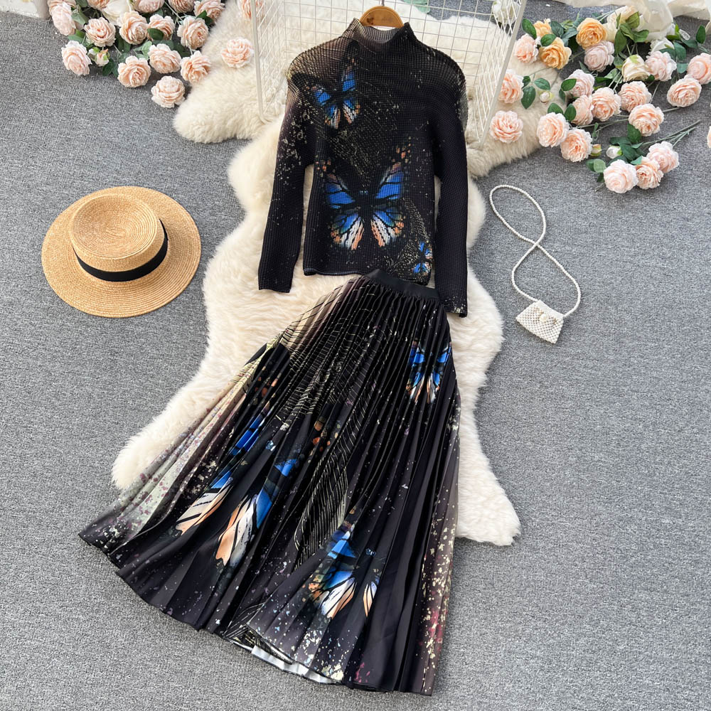 Two Piece Dress Autumn Butterfly Print Stretch Two Pieces Set Women Turtleneck Long Sleeve Pullover Top + Elastic Waist Pleated Midi Skirt Suit 2024