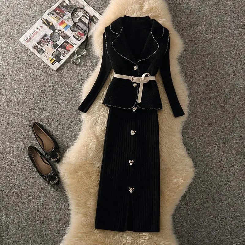 Two Piece Dress Elegant half high necked sweatersleeveless vesthigh waisted ski knit 3piece womens office wear 231129