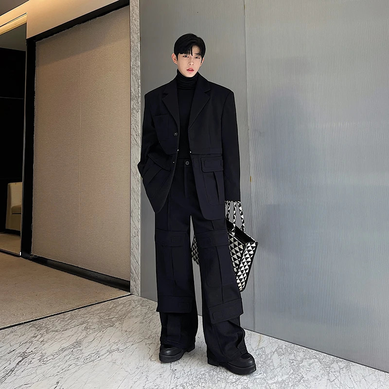 Men's Suits Blazers NOYMEI Korean Style Men's Two Pieces Cargo Suit Set Large Pocket Removable Heavy Fabric Wide Leg Pants Detachable Blazer