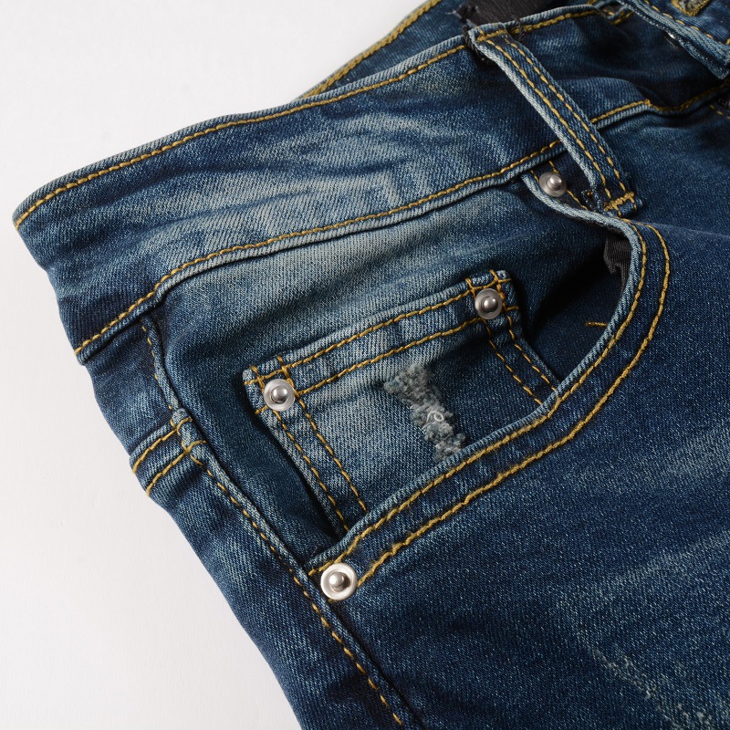 Fashion dark blue hole patch amiryes letter embroidery zipper fly slim jean men