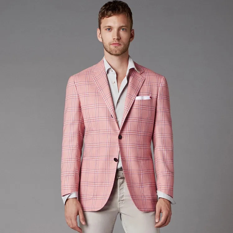 Pink Square Checked Wedding Tuxedos Slim Fit Mens Suits Notched Lapel Blazers Formal Suit Only Jacket
