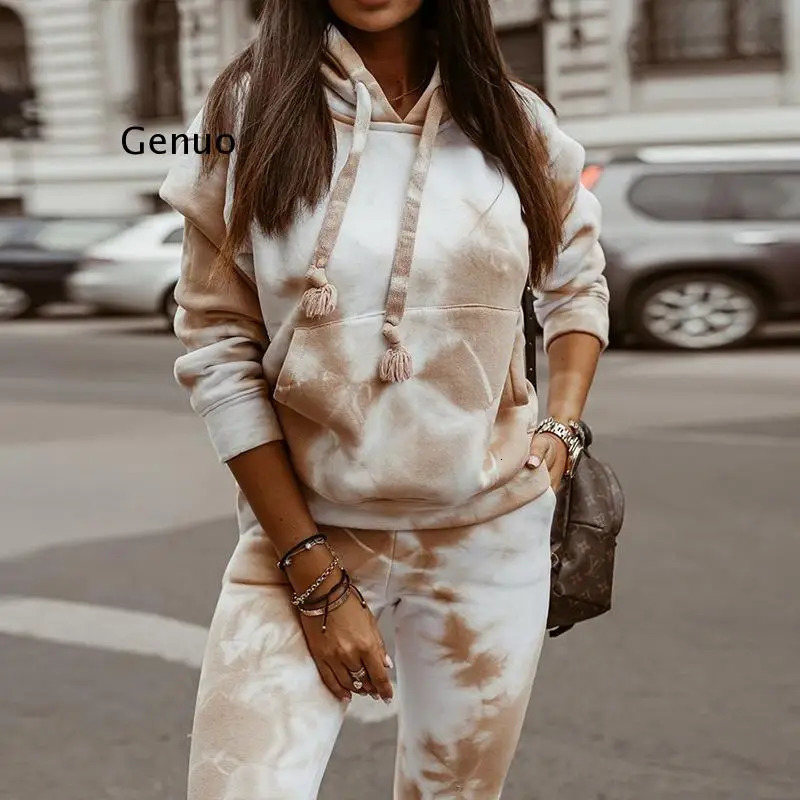 Womens Two Piece Pants 2piece marble tie dye sportswear and hooded sweatpants zippered jogger casual set 231129