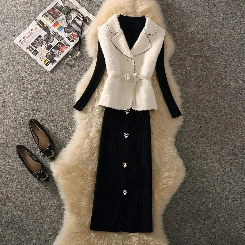 Two Piece Dress Elegant half high necked sweatersleeveless vesthigh waisted ski knit 3piece womens office wear 231129