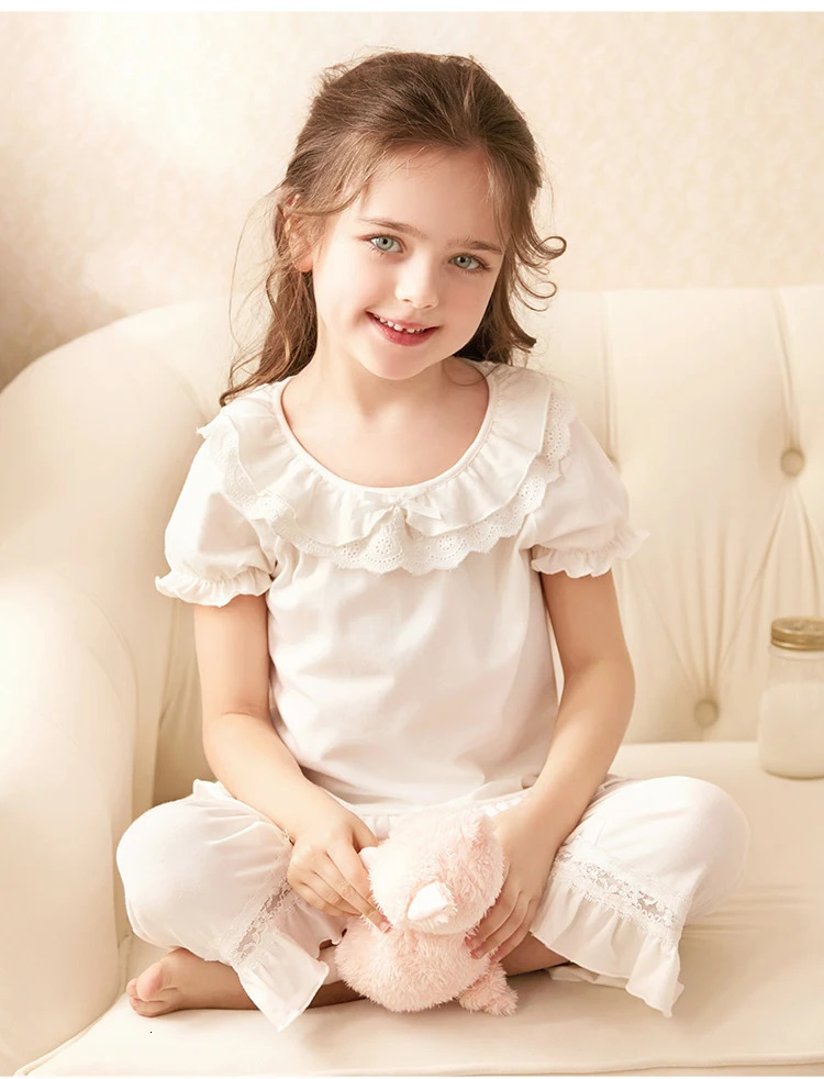 Pajamas 2 Colors Summer Kid Girl Lolita Cotton Lace Pajama Set.Toddler Baby Short Sleeve Pyjamas Set Cute Sleepwear.Children's Clothing 231124