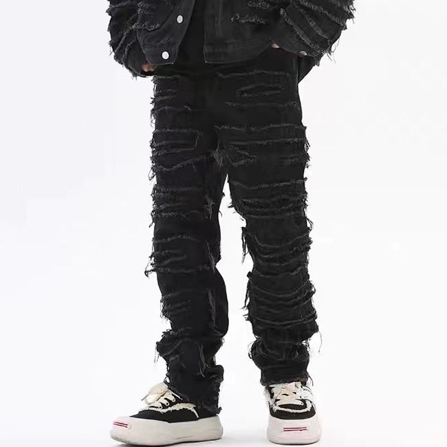 Men's Distressed Straight Denim Jeans Ripped, Loose Fit, Casual Hip Hop Style - Trend B1