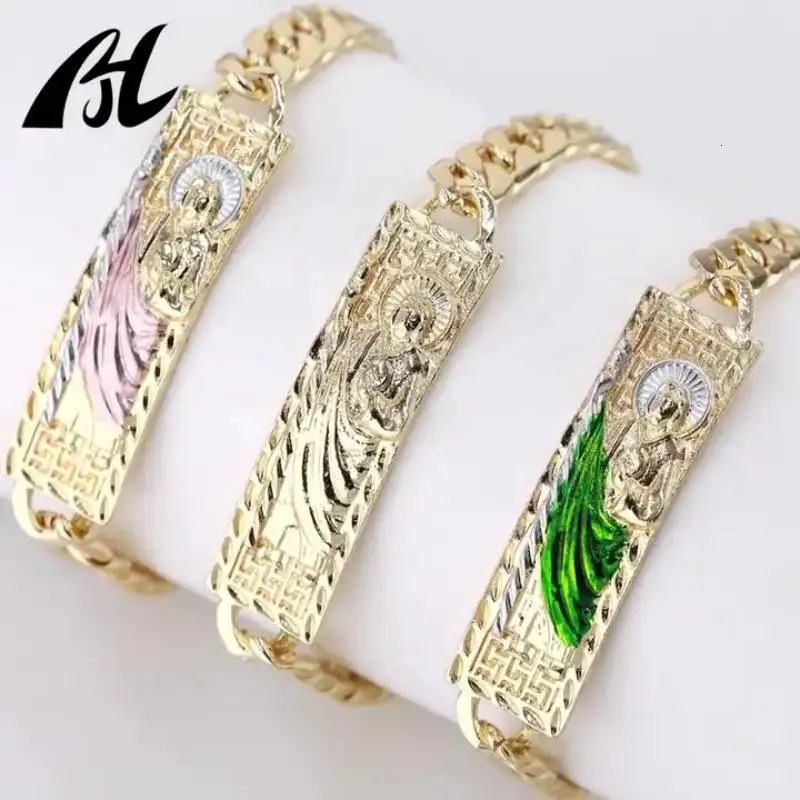 Chain 14kGold Oro Laminado Green San Judas Tadeo Bracelet Men Women Punk Unique religious Platinum Religious Jewelry 231129