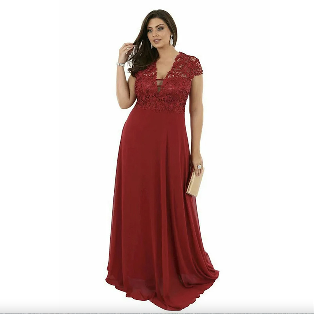 Chic Red Plus Size A Line Prom Dresses Sheer Deep V Neck Beaded Lace Evening Gown Floor Length Chiffon Formal Dress