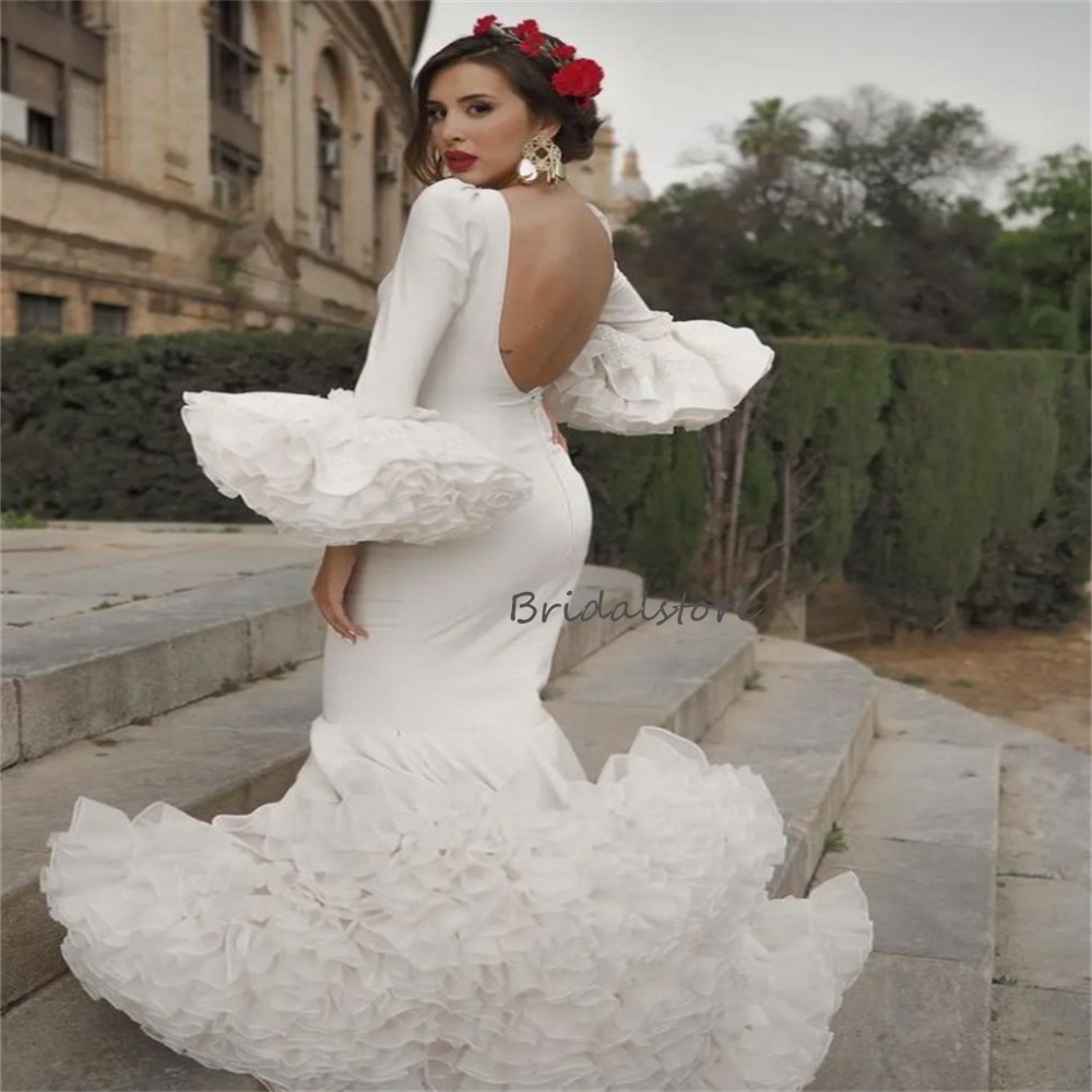 Luxury Flamenco Wedding Dress 2023 Flare Ruffles Mermaid Long Sleeve Boho Wedding Dresses V Neck Backless Formal Bridal Spanish Vintage Vestido De Nov