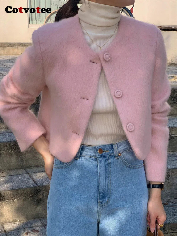 Women's Wool Blends Cotvotee Short Wool Coat for Women Autumn Winter 2023 Fashion Button Up O Neck Jackets Chic Long Sleeve Solid Casual Coats 23