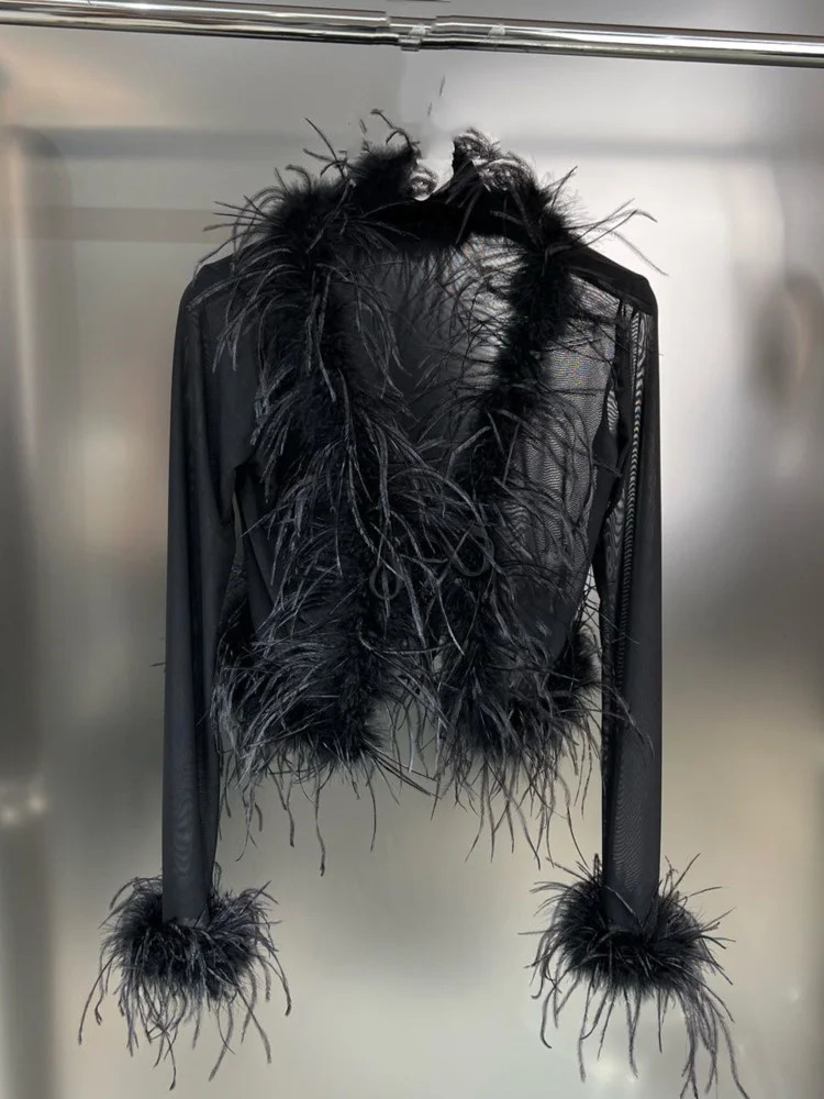 Women s Jackets DEAT 2023 Autumn Fashion Women Clothes Flare Sleeves Feather Spliced Mesh See Throw Sexy Top Cardigan Ffemale WW97001L 231129