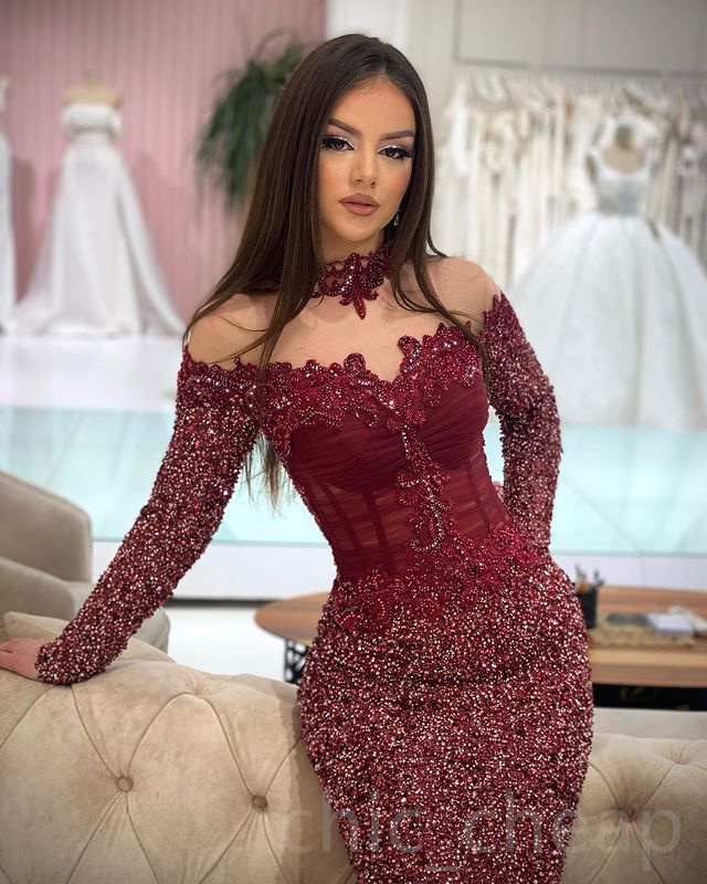 2023 April Aso Ebi Burgundy Mermaid Prom Dress Lace Beaded Sexy Evening Formal Party Second Reception Birthday Engagement Gowns Dress Robe De Soiree Z