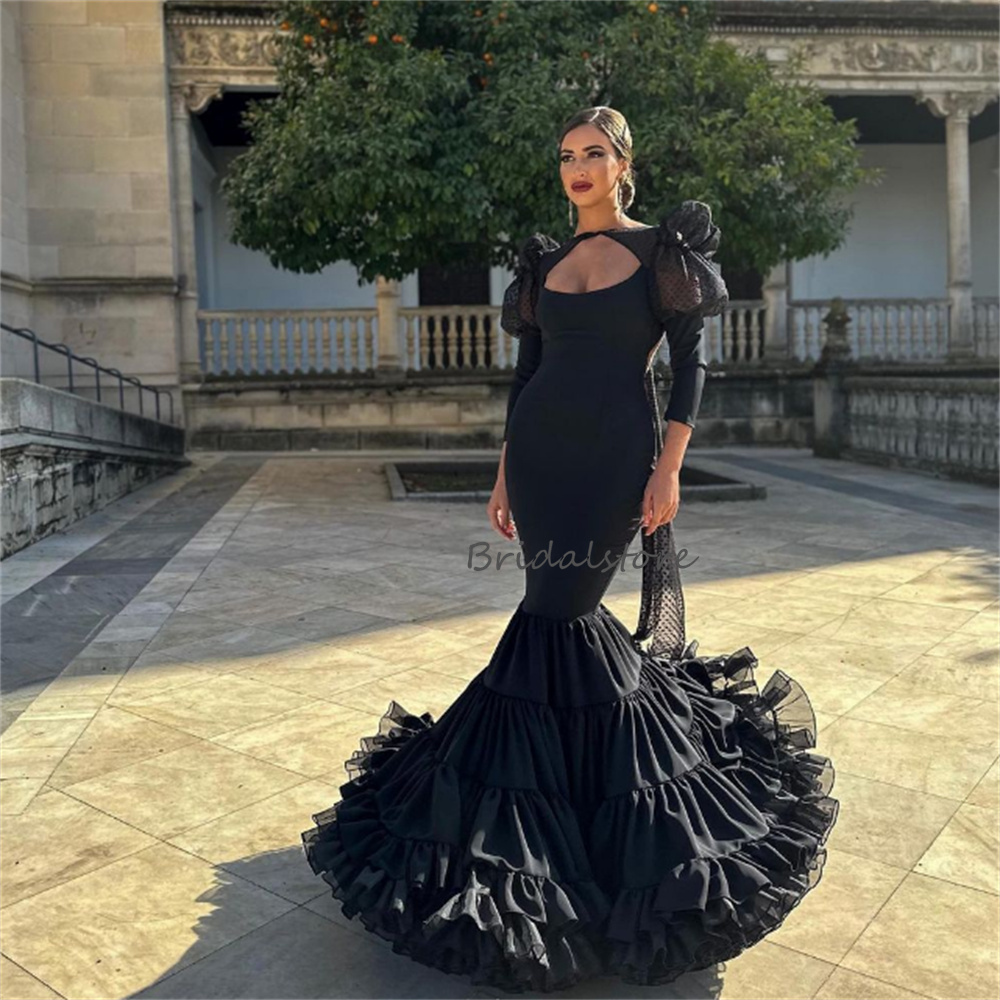 Spanish Black Flamenco Prom Dress With Polka Dot Tulle Sexy Backless Long Sleeve Dance Evening Gown Ruffles Costume Formal 2023 Robe De Mariee Vestido