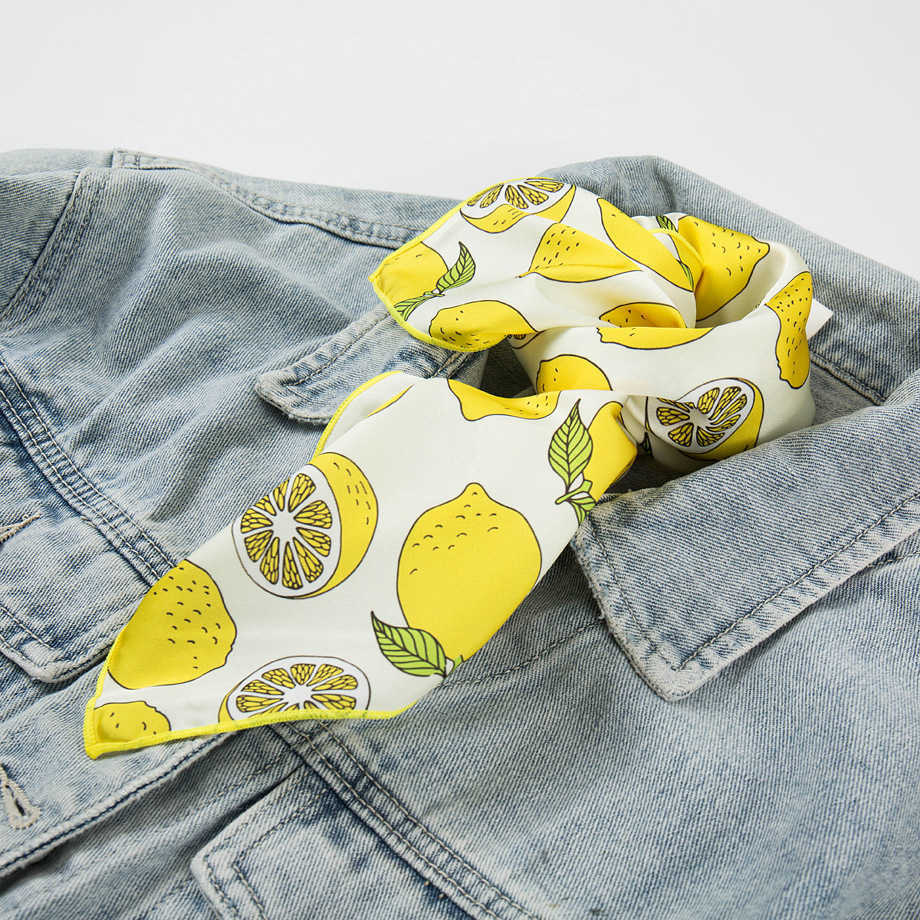 Scarves Bright Color Spring Summer Small Square Silk Scarf For Women Female Neck Scarfs Printed Lemon Hair Scarf Girls Kerchief 50X50CM J230428