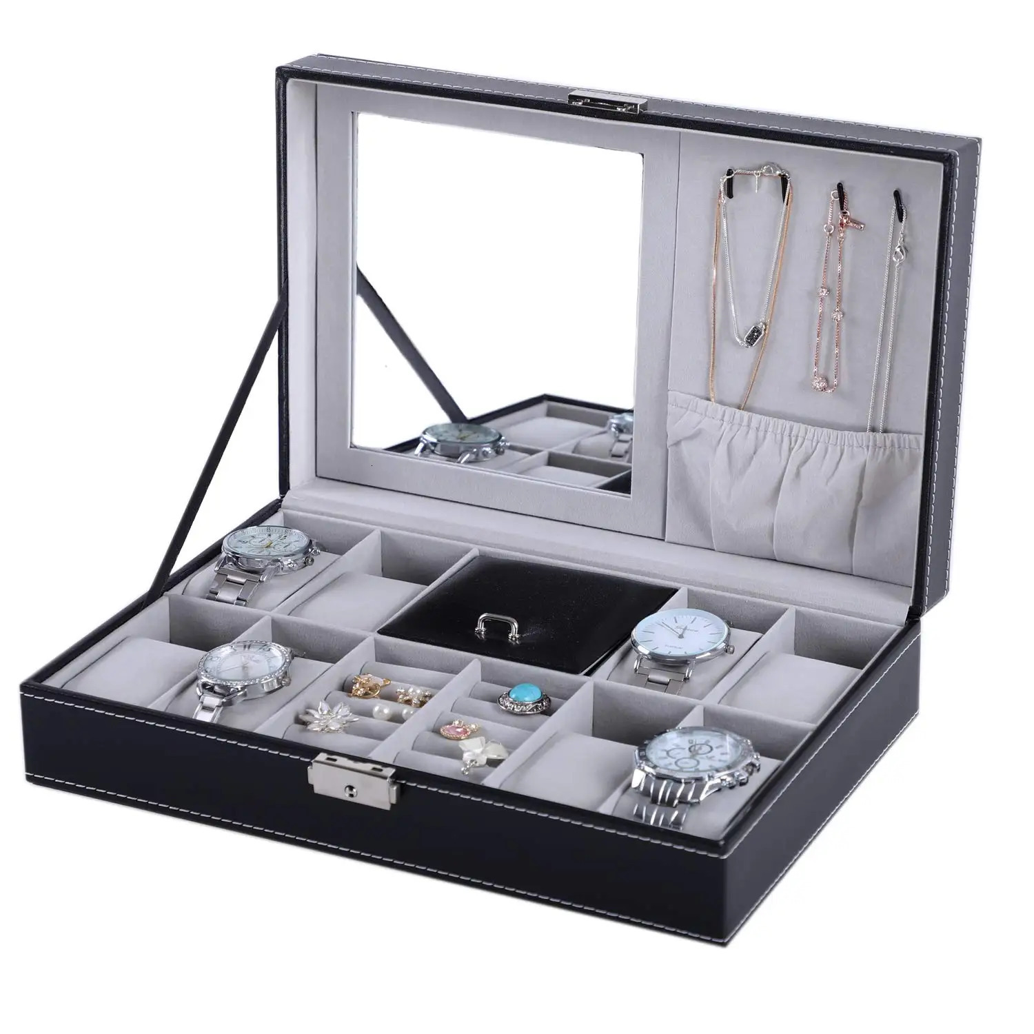 Watch Boxes Cases Lnofxas Watch Box 8 Jewelry Box Watch Display Case Organizer Jewelry Trey Storage Box Black PU Leather with Mirror and Lock 231128