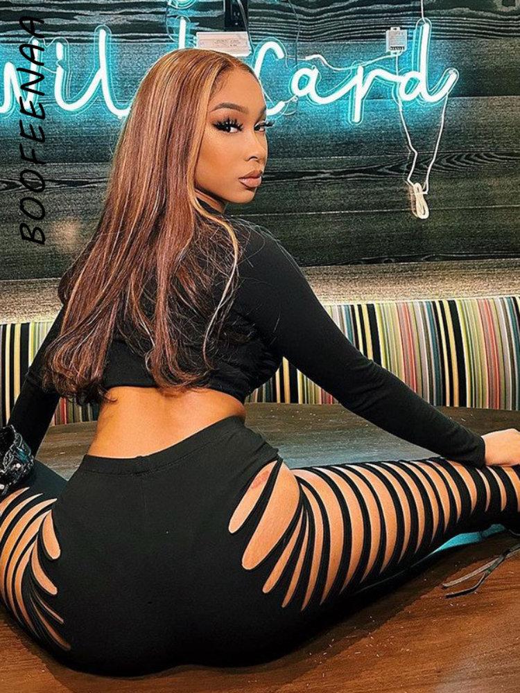 Pants BOOFEENAA Sexy Black Nightclub Winter Two Piece Outfits for Women Cut Out Long Sleeve Crop Top and Pants Matching Sets C70DZ27