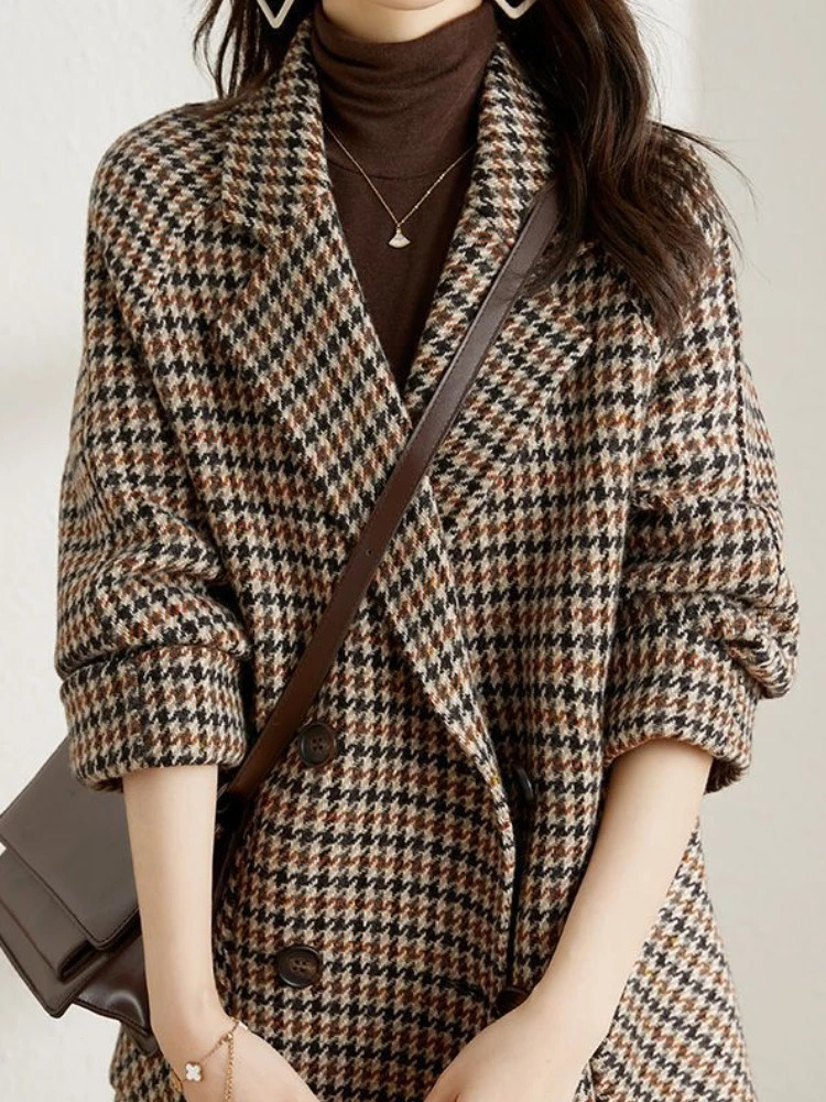Womens Suits Blazers Vintage Houndstooth Women Woolen Blazer Double Breasted Plaid Female Suit Jacket Fashion Korean Outerwear Loose Blaser Coat 23112