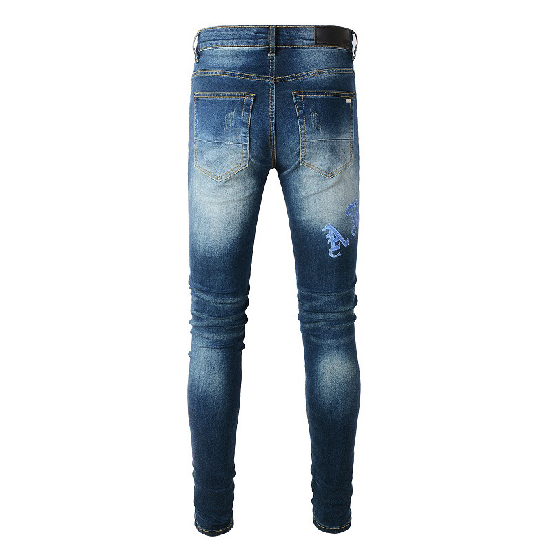 Fashion dark blue hole patch amiryes letter embroidery zipper fly slim jean men