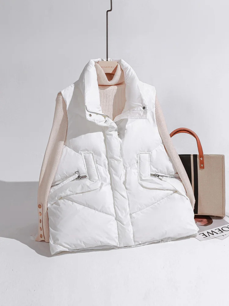 Womens Vests Janveny Womens Puffer Down Vest Loose Feather Waistcoat 90% Duck Down Thick Gilet Female Zipper Sleeveless Korean Style 231129