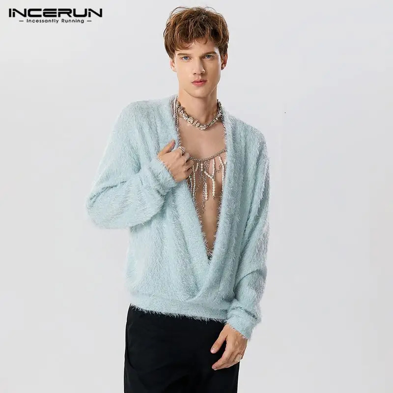 Men's Sweaters Fashion Well Fitting Tops INCERUN Plush Fabric Deep Vneck Pullovers Party Show Solid Long Sleeved Sweater S5XL 2023 231128