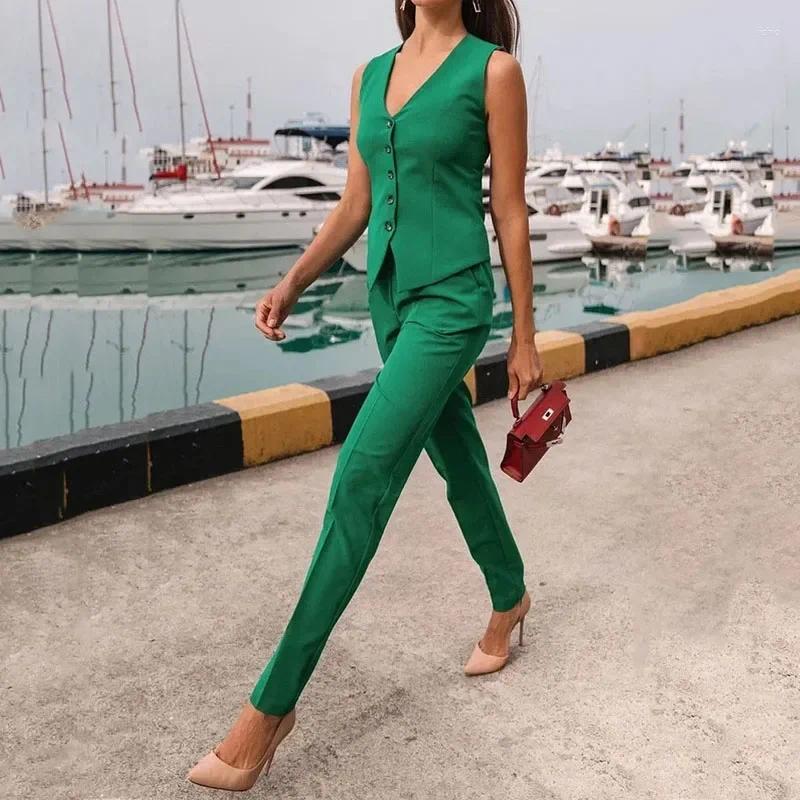 Womens Two Piece Pants Women Set Fashion Casual Solid V Neck Sleeveless Top Loose With Pockets Pencil Sets High Streetwear