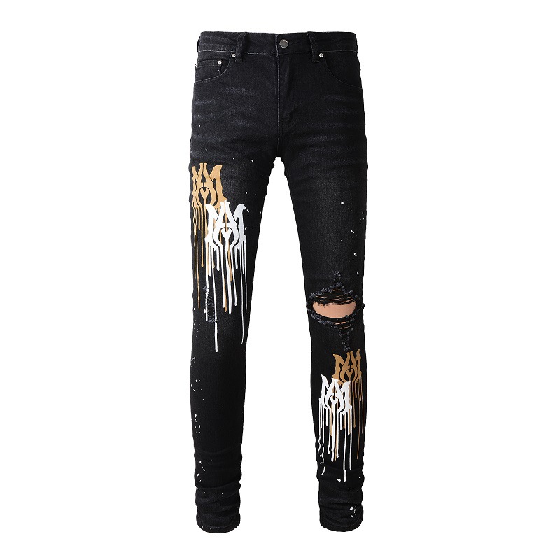 Fashion black men high street ripped skinny zipper fly amiryes spray paint dazzle letters jean