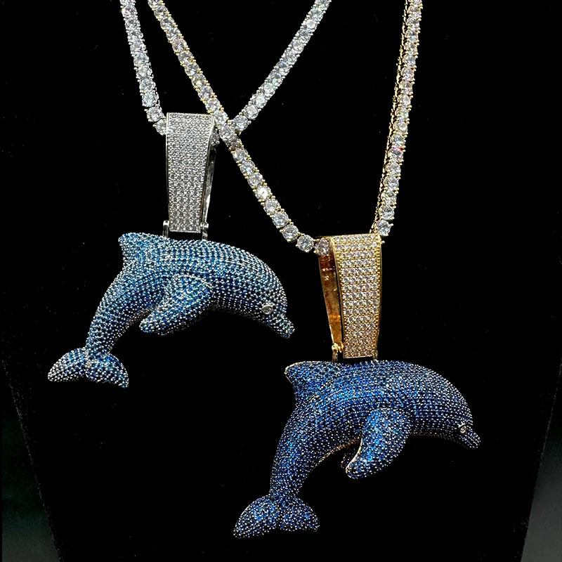 Pendant Necklaces Aokaishen Iced Out Blue Dolphin Necklace Real Gold Plated Hip Hop Jewelry Unique Charms Trend 231129