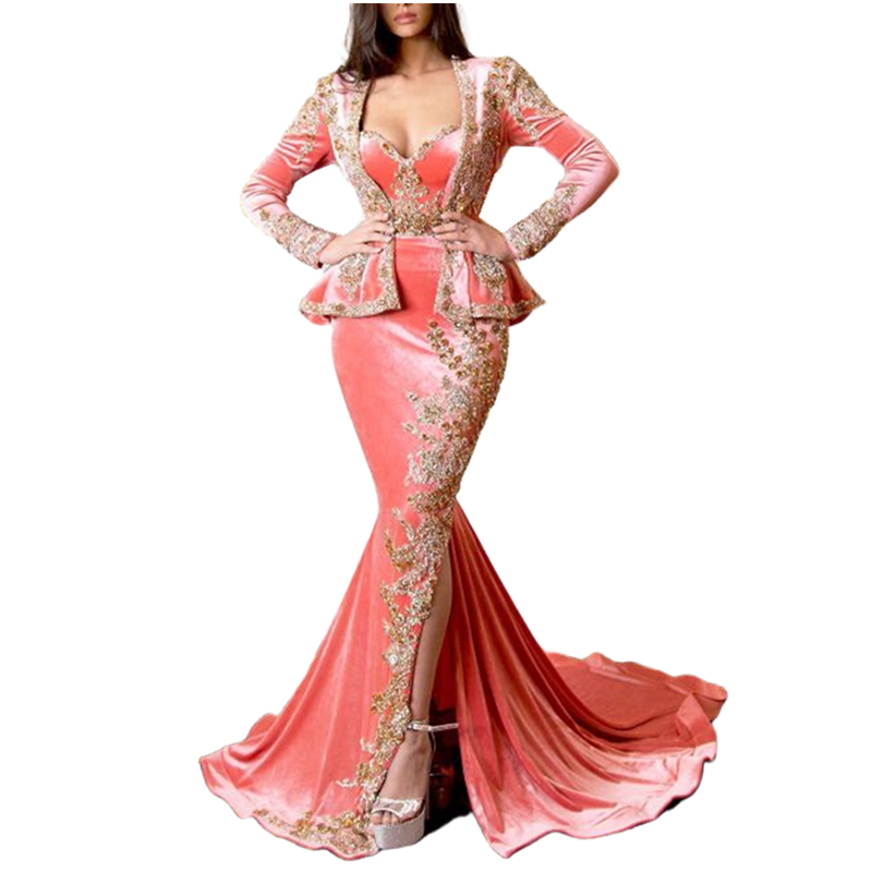 Gorgeous Sweetheart Velvet Mermaid Evening Dresses With Long Sleeves Jacket 2024 Gold Crystals Beaded Lace Appliques Long Luxury Formal Occasion Dress